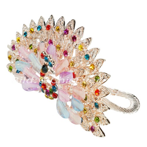 Schöne Haarspange Pfau aus Metall Strass & Acryl Haarklammer rosa lila blau bunt 5264